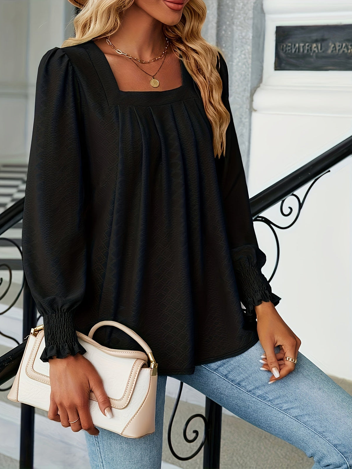 Elegant T-shirt, Women's  Argyle Textured Shirred Lantern Sleeve Square Neck Ruched Top