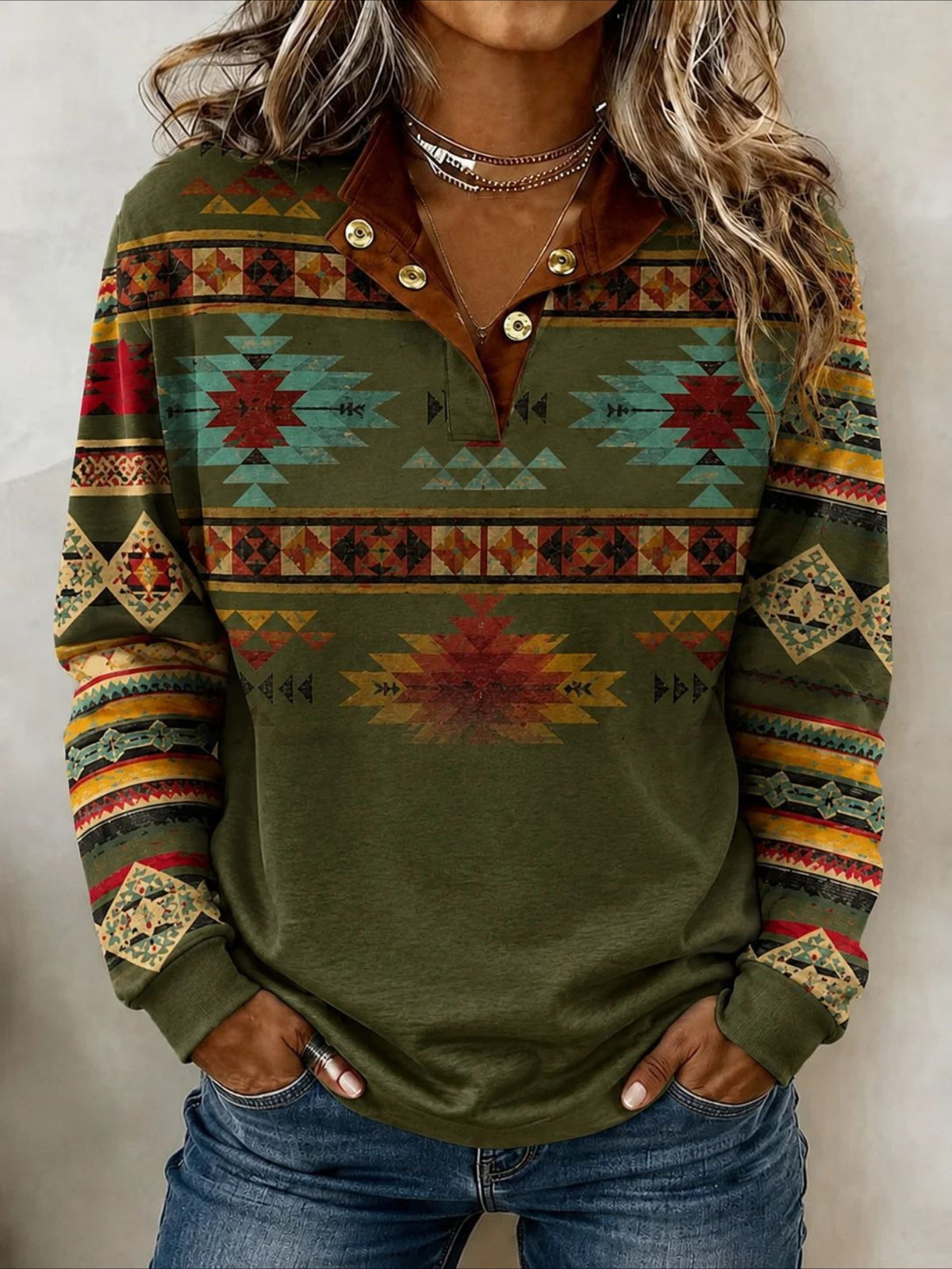 Ethnic Geometry Half Open Collar Vintage Spring/Fall Long Sleeve Sweatshirt