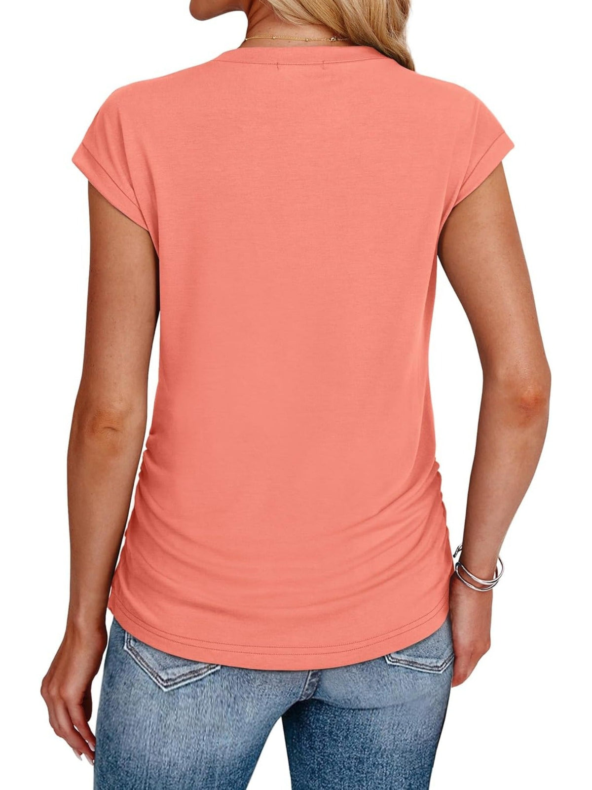 Solid Color Crew Neck Ruched Cap Short Sleeve T Shirts