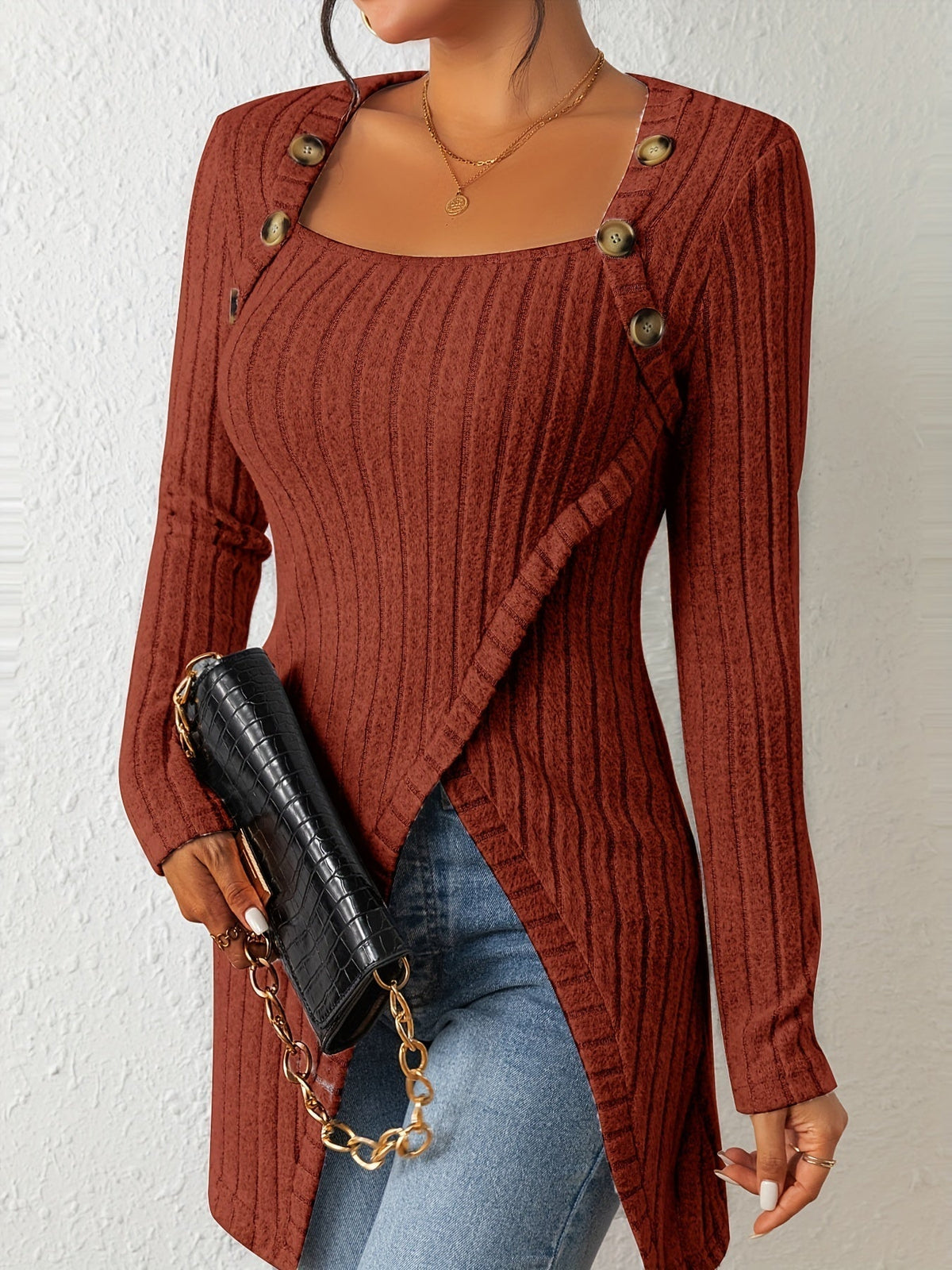 Button Decor Asymmetrical Hem T-Shirt, Casual Ribbed Long Sleeve Top