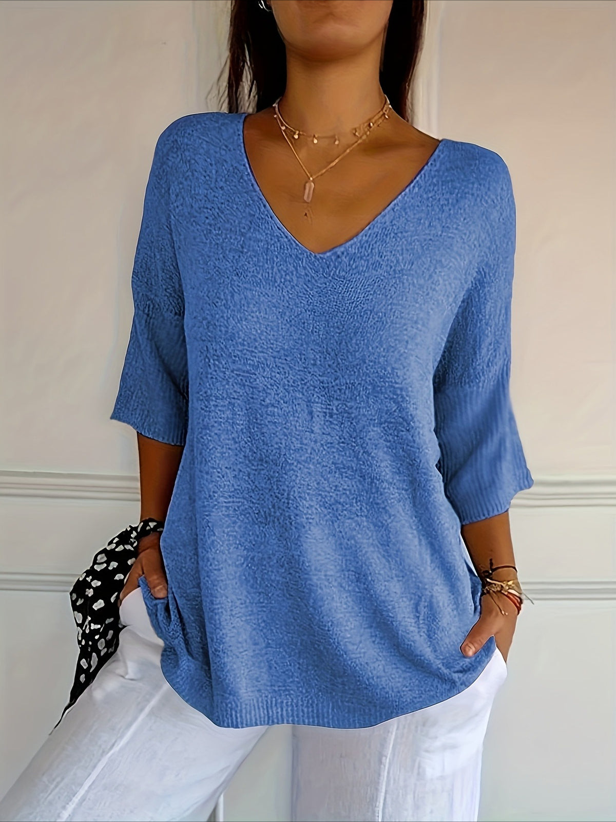 Lightweight Soft Casual 3/4 Sleeves V-Neck Sweater