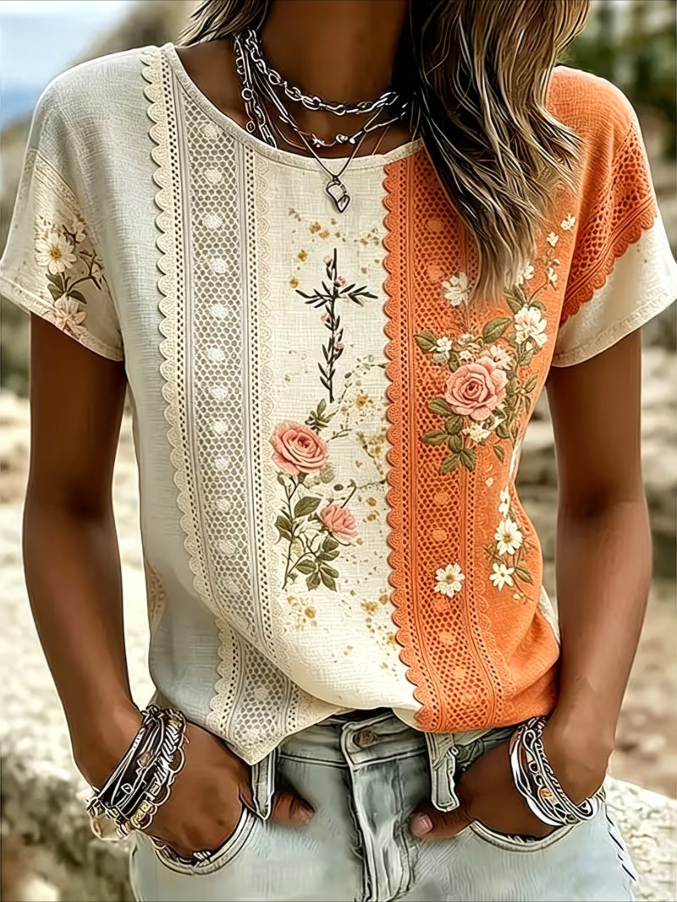 Floral Print Short Sleeve Crew Neck Top with Patchwork Blouse Style
