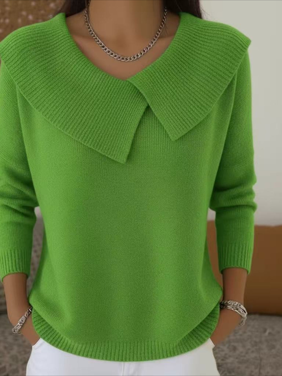 Solid Asymmetrical Lapel Color Long Sleeve Sweater