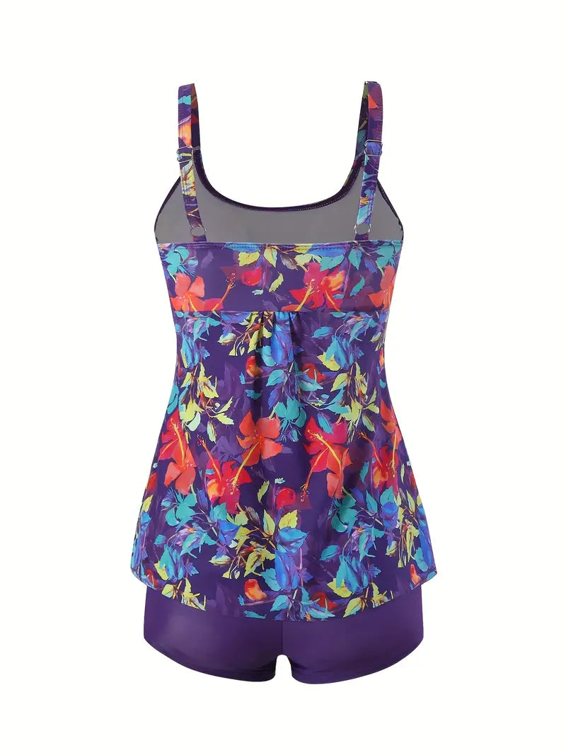 Colorful Digital Pattern Tankini Sets, Boxer Shorts Stretchy Tummy Cover Two Piece Swimsuit