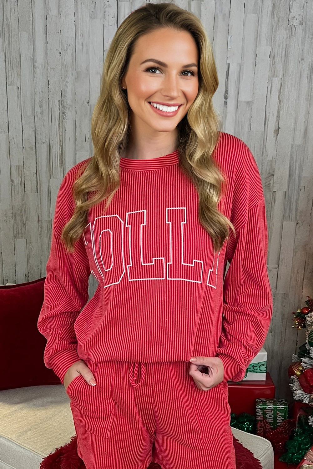 Racing Red Twisted Rib Outlined Merry Letter Graphic Loose Long Sleeve Top
