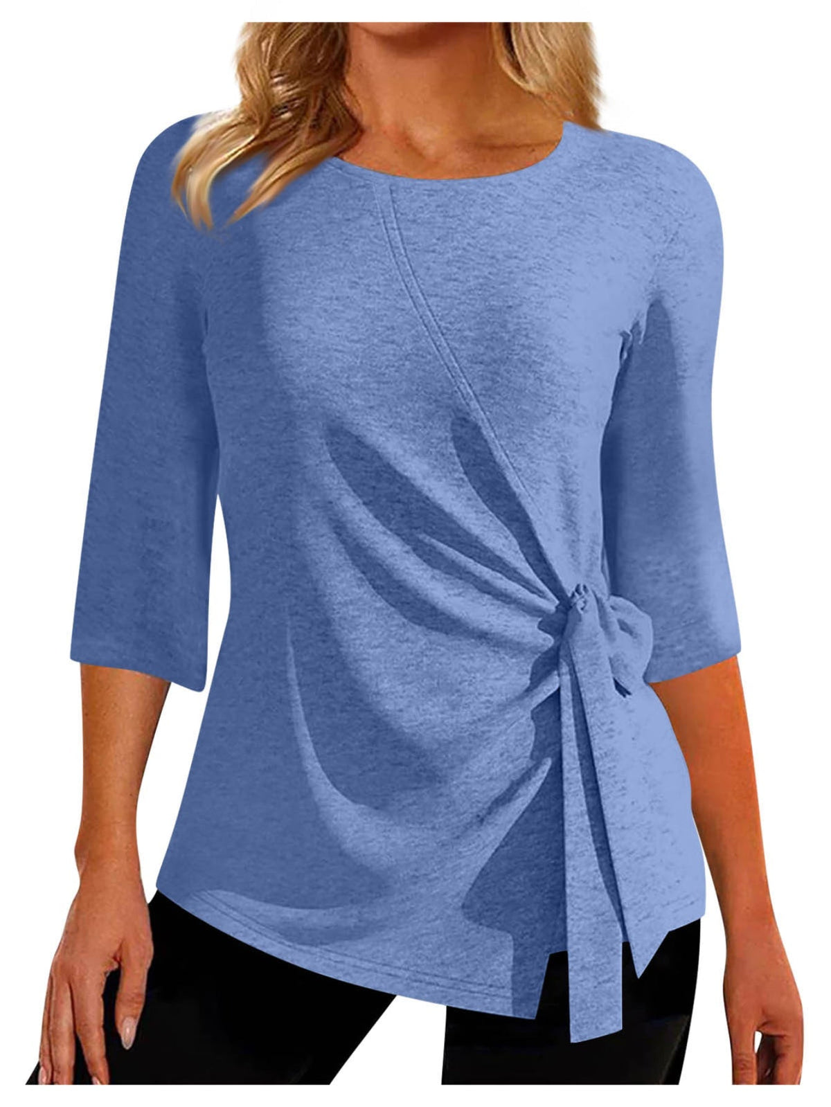 Solid Ruched Tie Front Top, Casual Three-quarter Sleeve Top