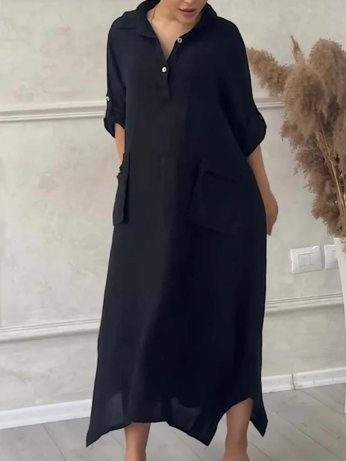 Solid Color Casual Shawl Collar Plain Loose Dress
