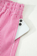 Pink Stripe Drawstring Elastic Waist Casual Denim Shorts