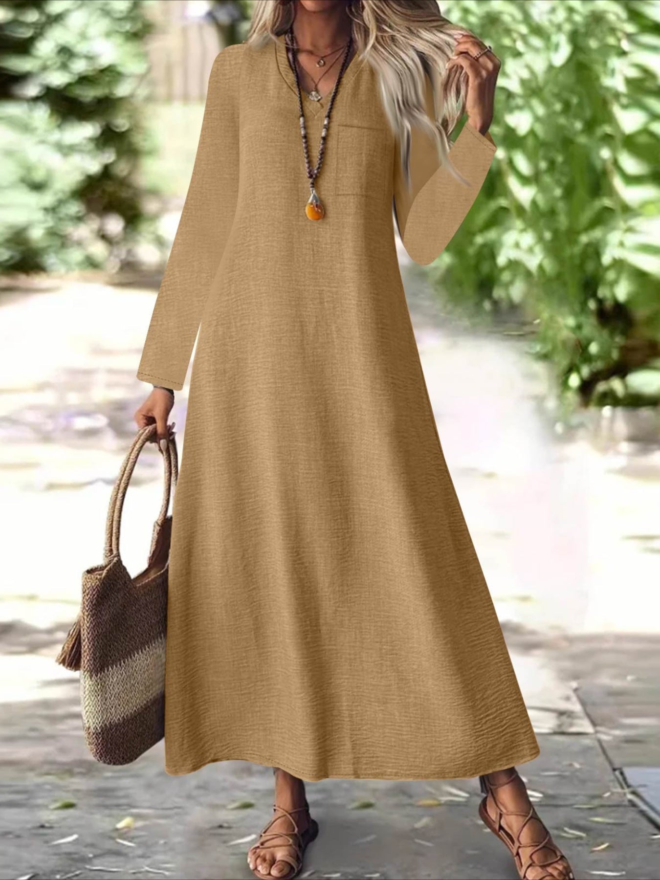 Back Zipper Solid Color Long Sleeve Cotton and Linen Dress