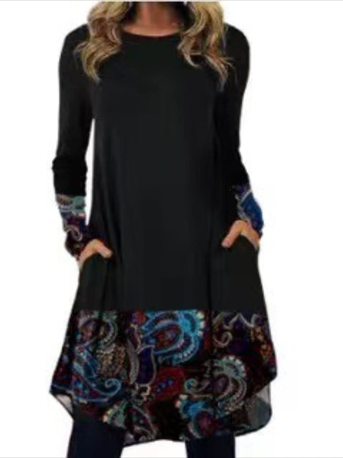 Graphic Print Dress with Long Sleeves and Pockets - Casual and Comfortable