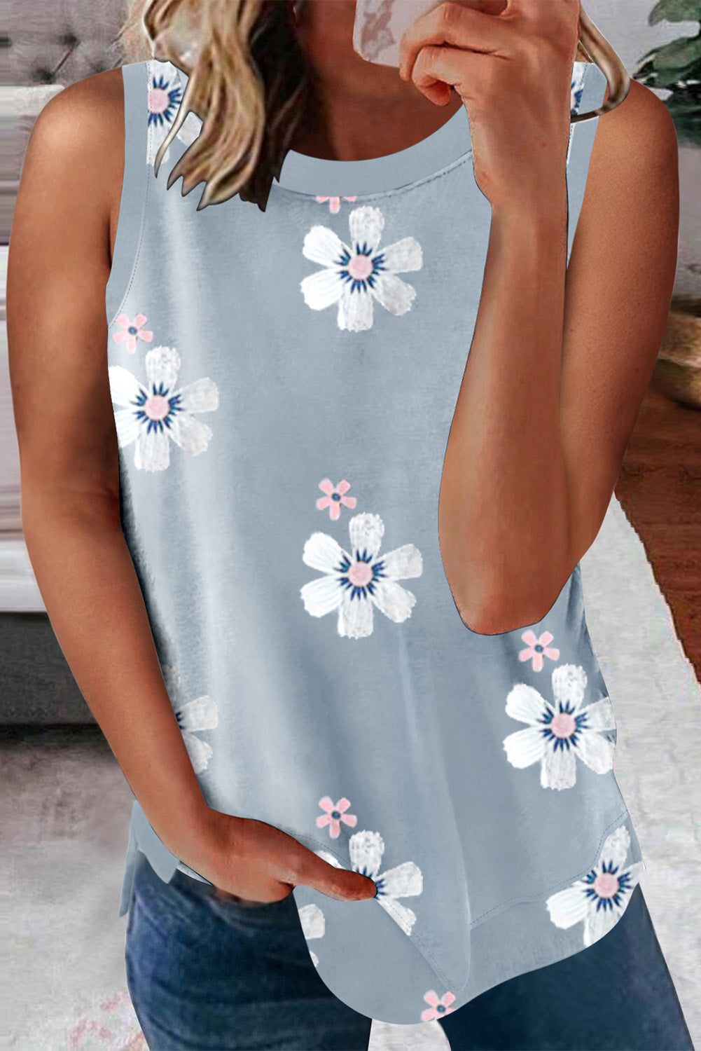 Gray Casual Floral Crew Neck Tank Top