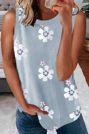Gray Casual Floral Crew Neck Tank Top