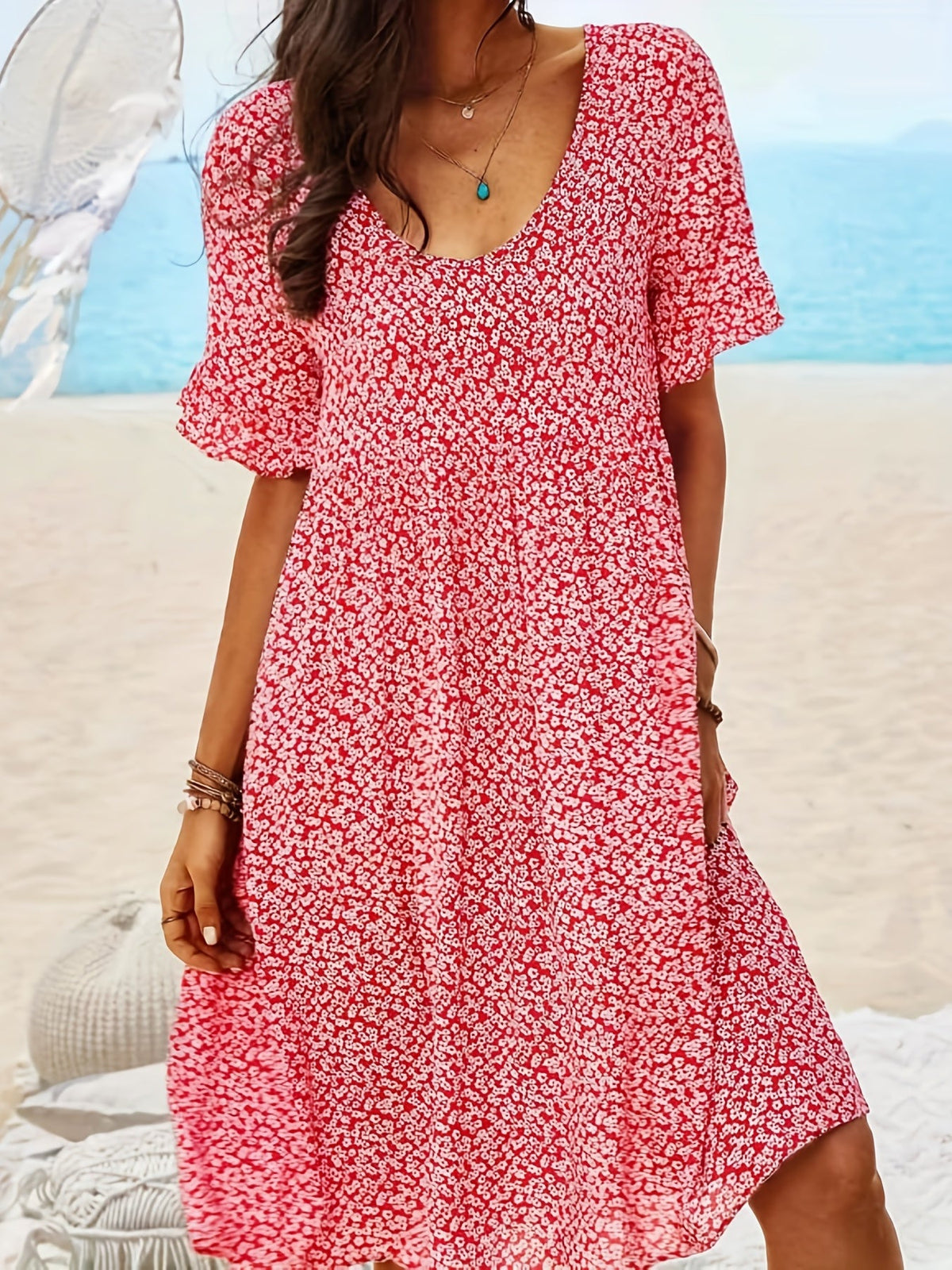 Women's Boho Floral Print Dress - Perfect for Beach Vacations and Casual Wear