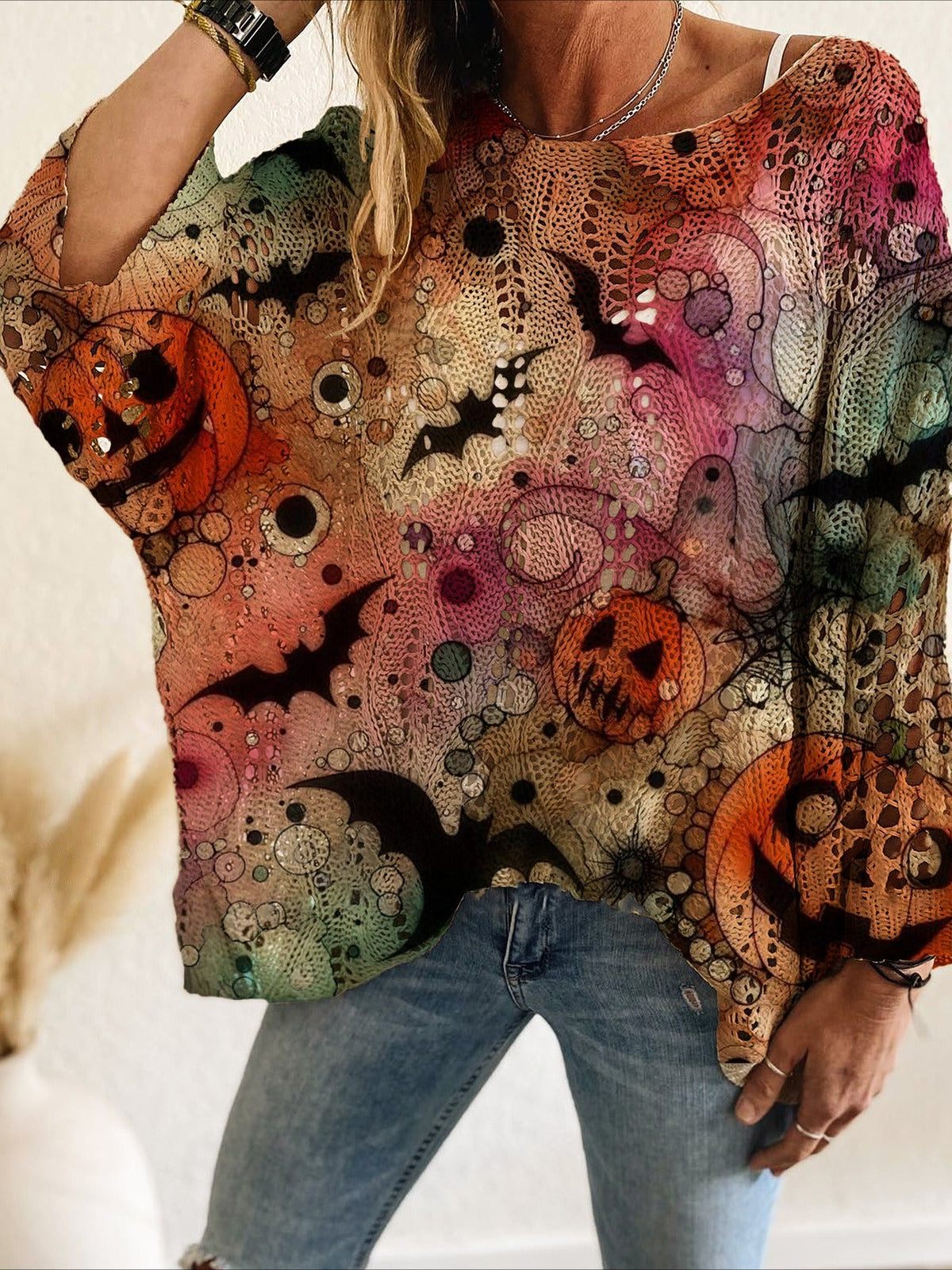 Halloween Theme Off-Shoulder V-Neck Bat & Pumpkin Print Long Sleeve Top
