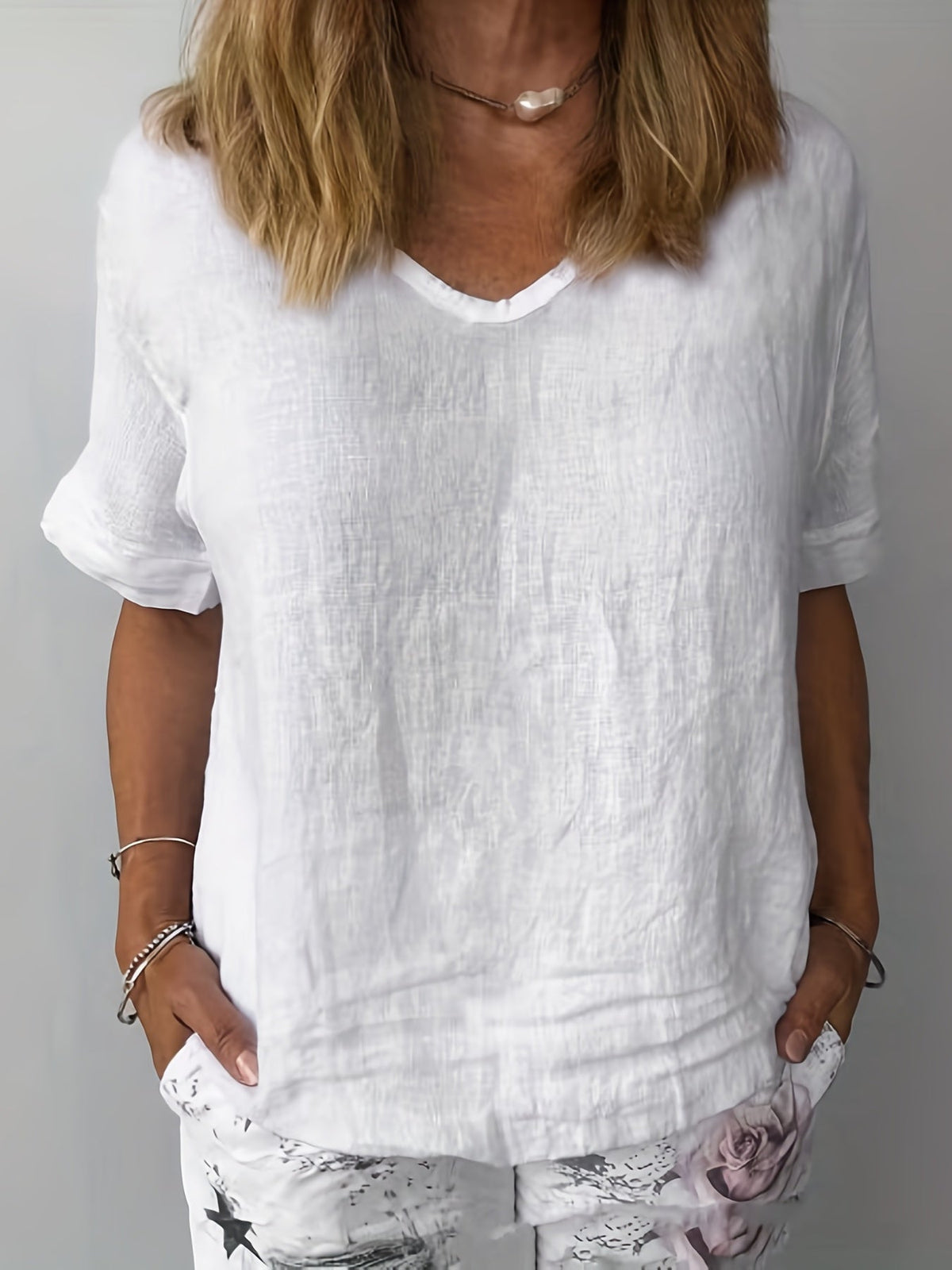 Women's V-Neck Blouse - Comfortable Short Sleeve Top for Casual Wear