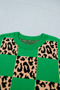 Green Plus Size Leopard Contrasted Checkered Short Sleeve Sweater