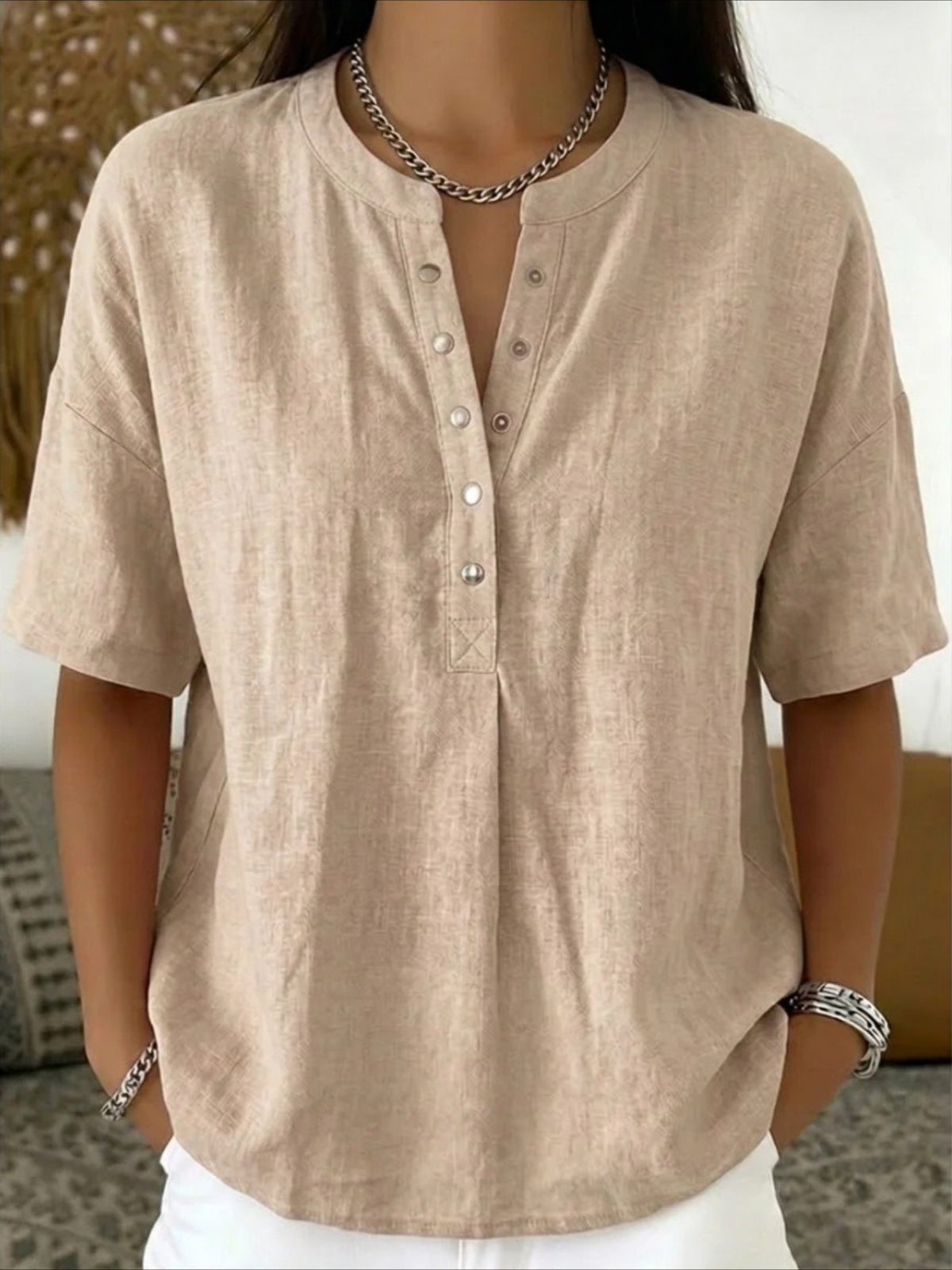 Cotton And Linen Round Neck Short Sleeve Button H-Line Daily Going Out Casual Loose Blouse