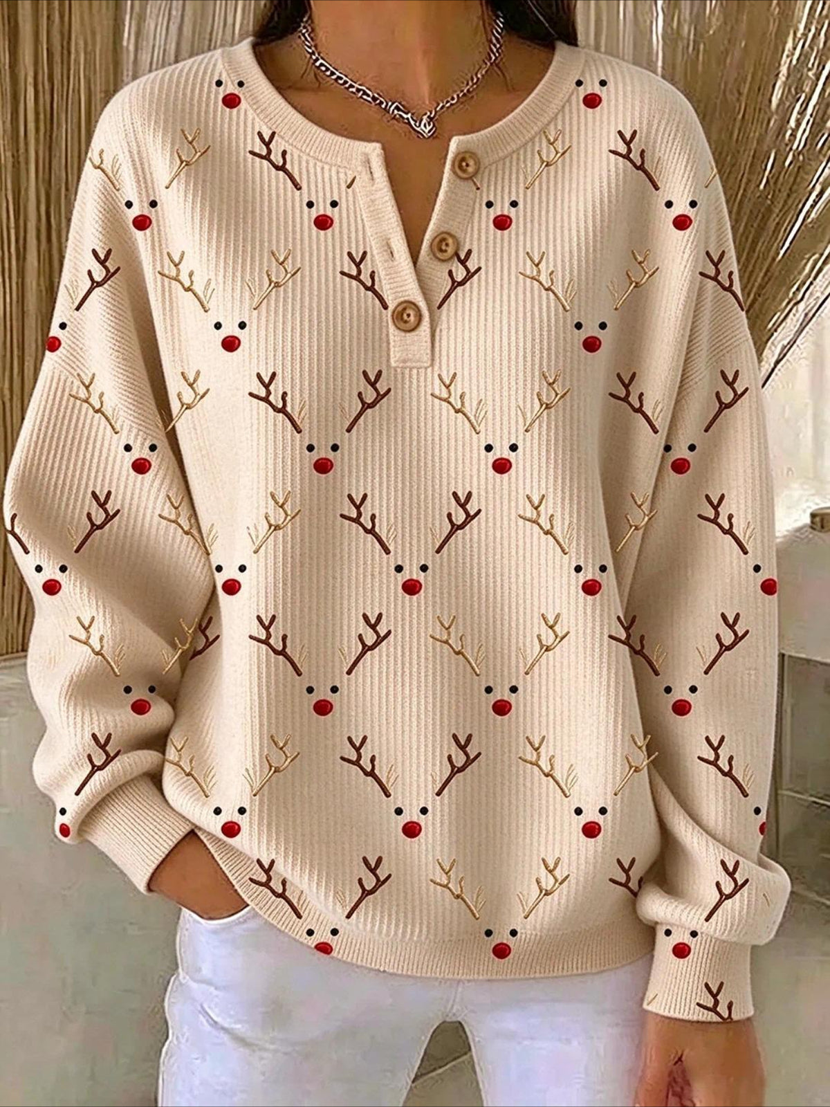 Christmas Vintage Buckle Henley Collar Sweatshirt