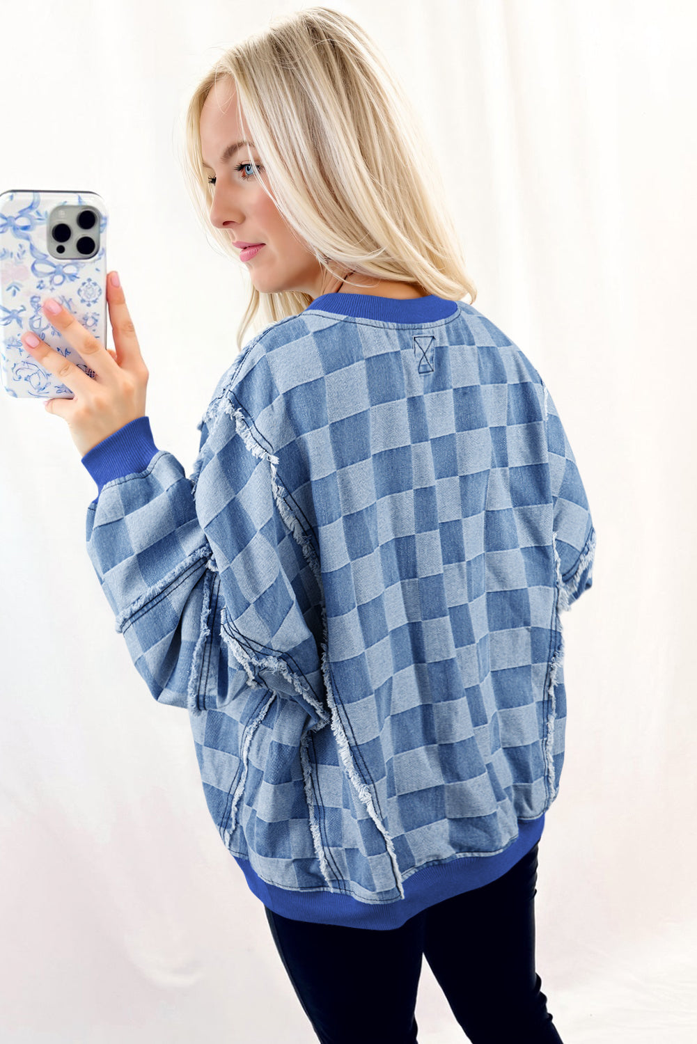Sky Blue Checkerboard Splicing Raw Detail Oversized Denim Pullover