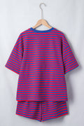 Navy Stripe Striped Ribbed Cotton Two-Piece Short Set with Chest Patch Detail