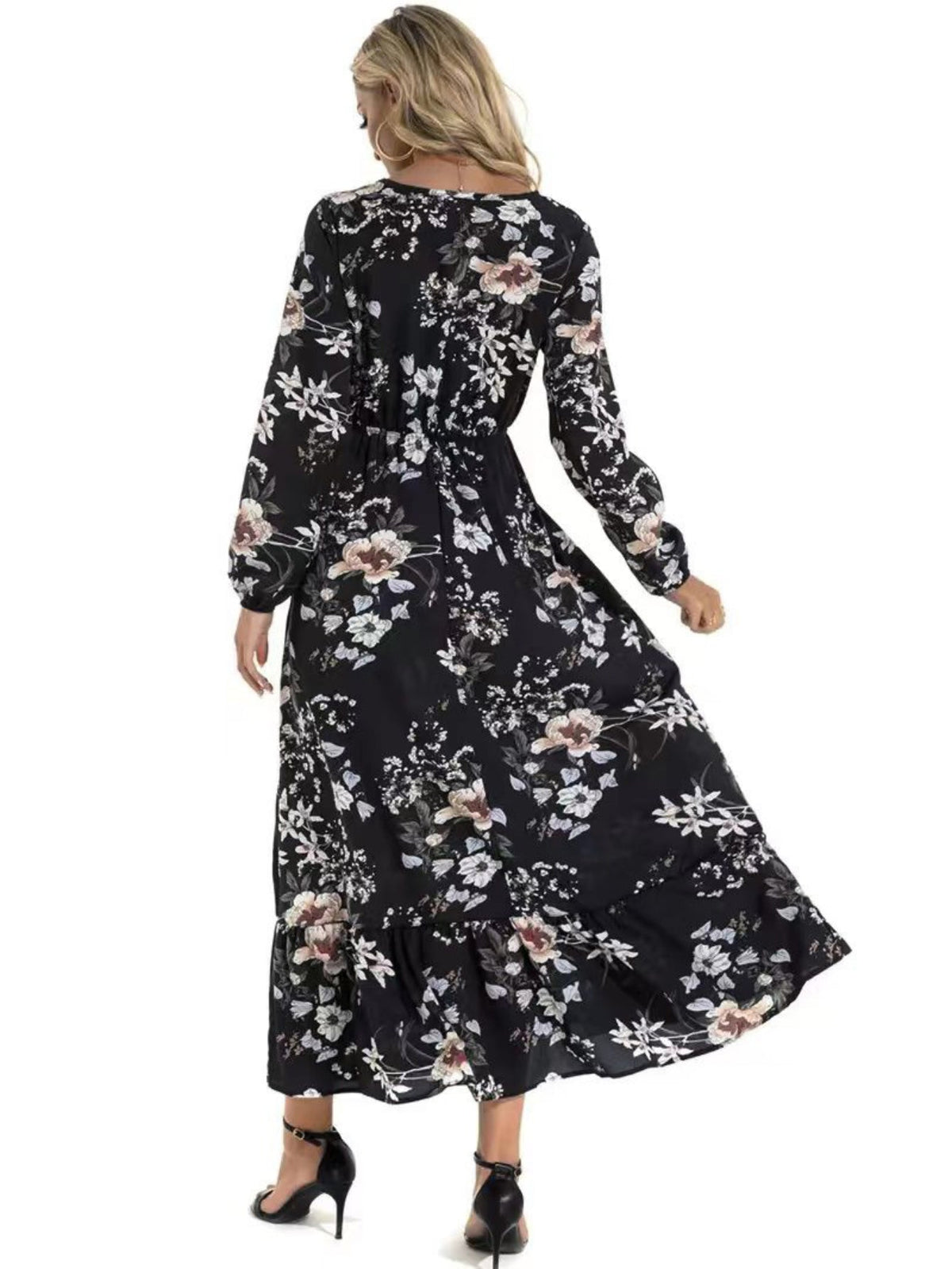 Floral Long Sleeve Maxi Dress, Long Sleeve Loose Crew Neck Dress, Casual Dresses