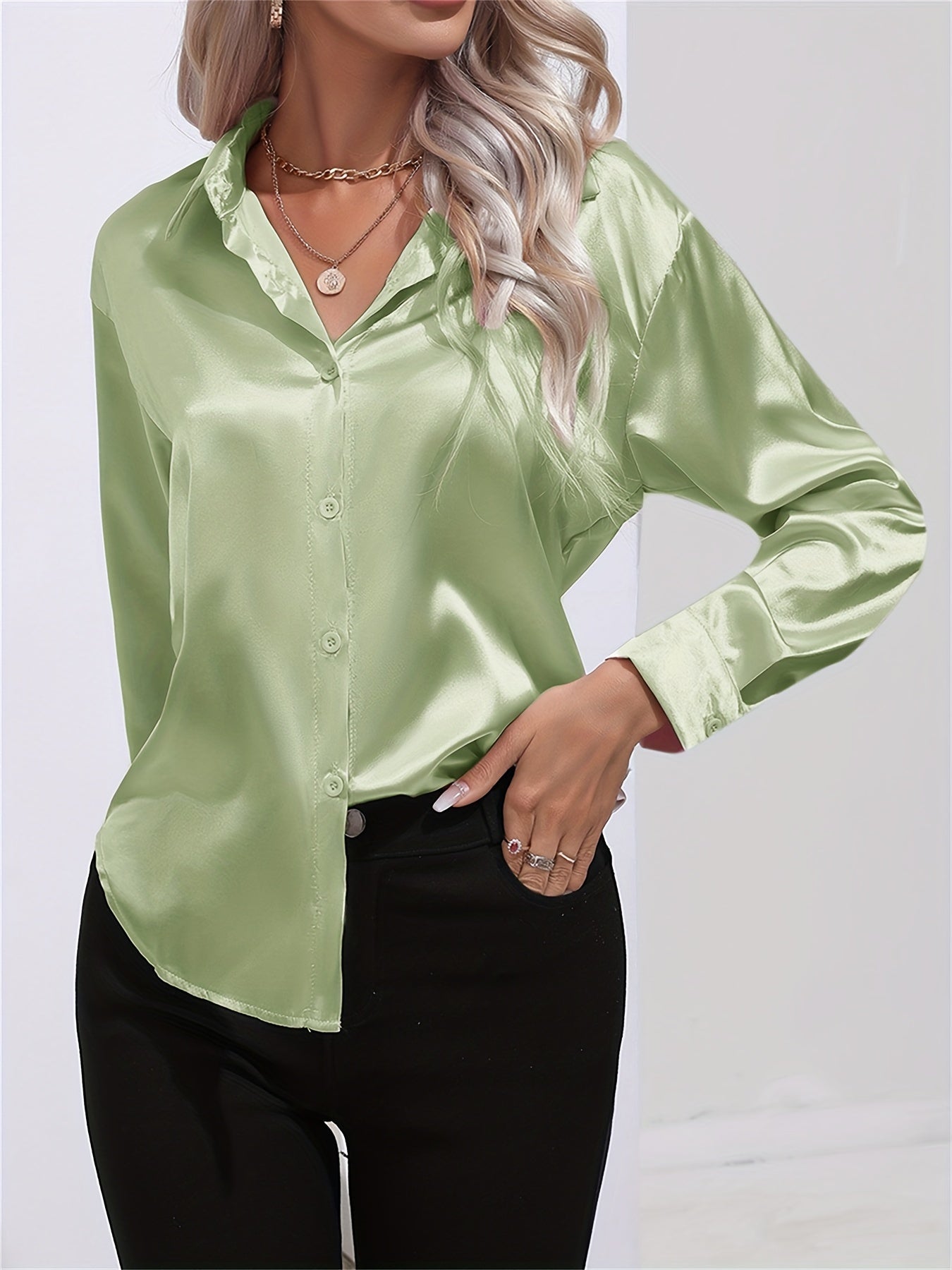 Lapel-collar Satin-satin-faux Silk Long-sleeved Shirt