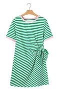 Green Stripe Nautical Tie Contrast Trim Round Neck T Shirt Mini Dress