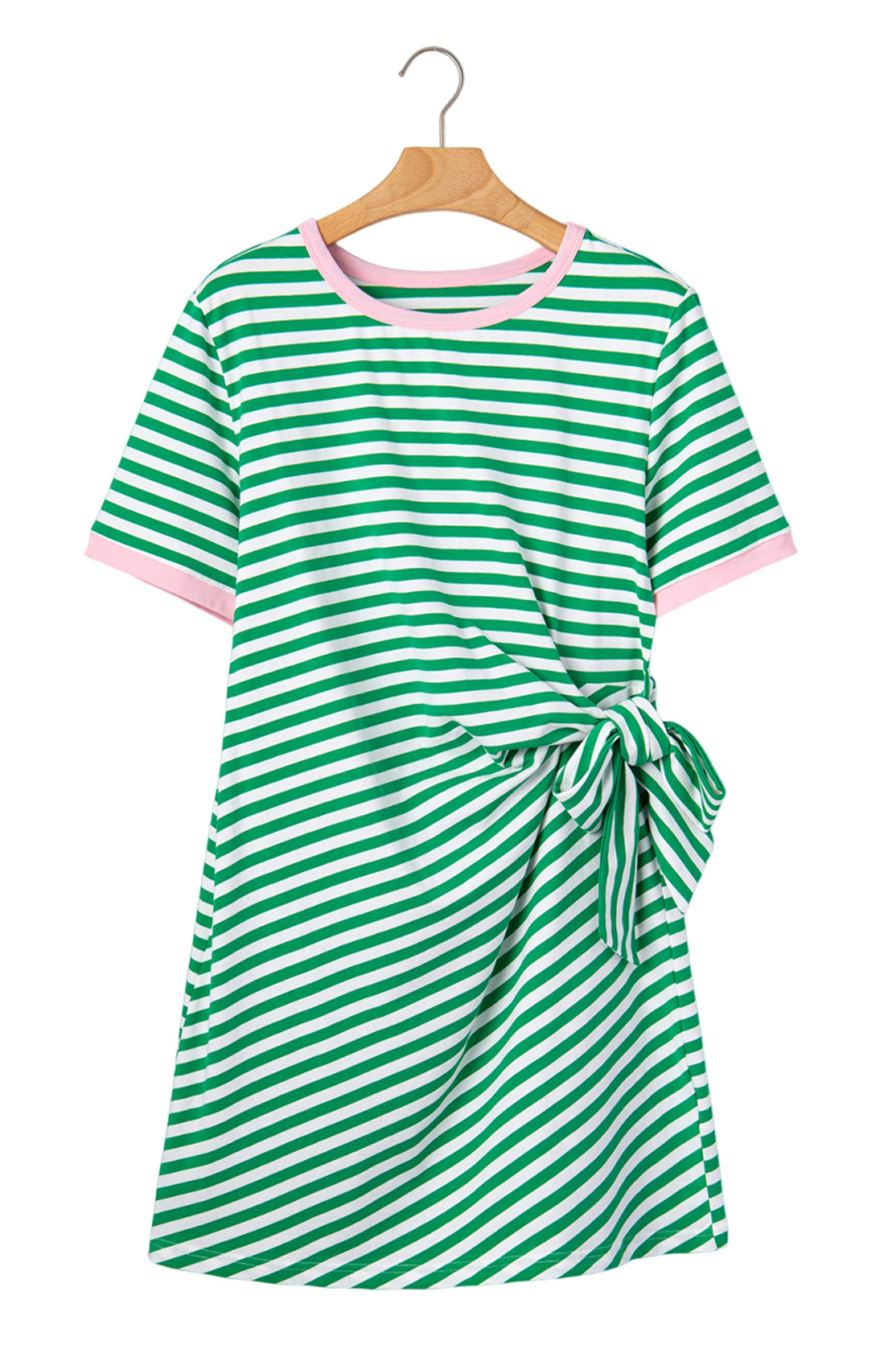 Green Stripe Nautical Tie Contrast Trim Round Neck T Shirt Mini Dress