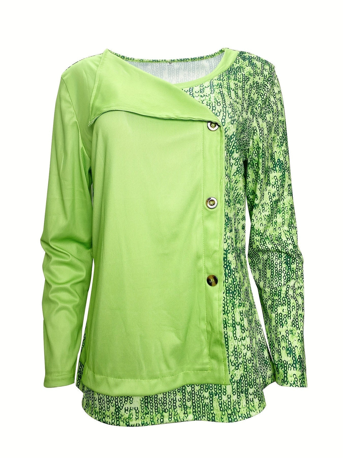Sequined Button Decor V-neck Splicing T-Shirt, Casual Long Sleeve T-Shirt