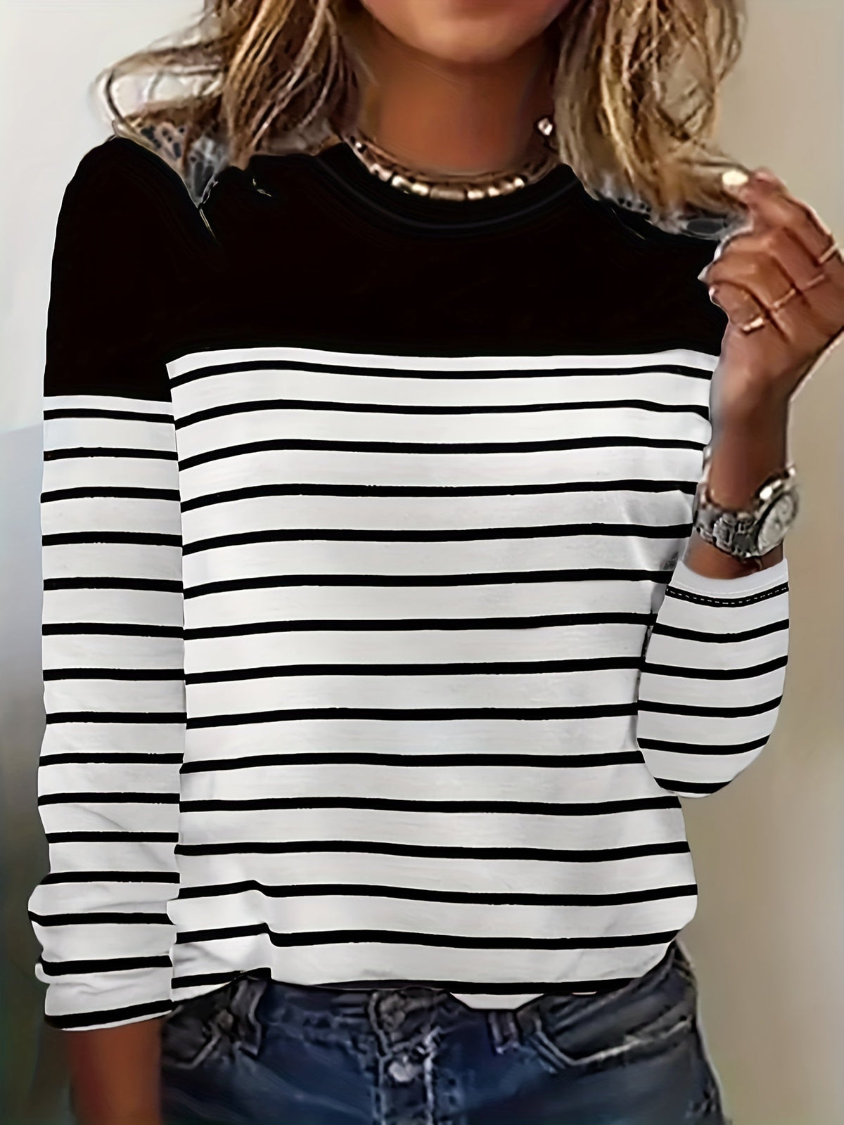 Stripe Print Crew Neck T-Shirt, Casual Long Sleeve Top