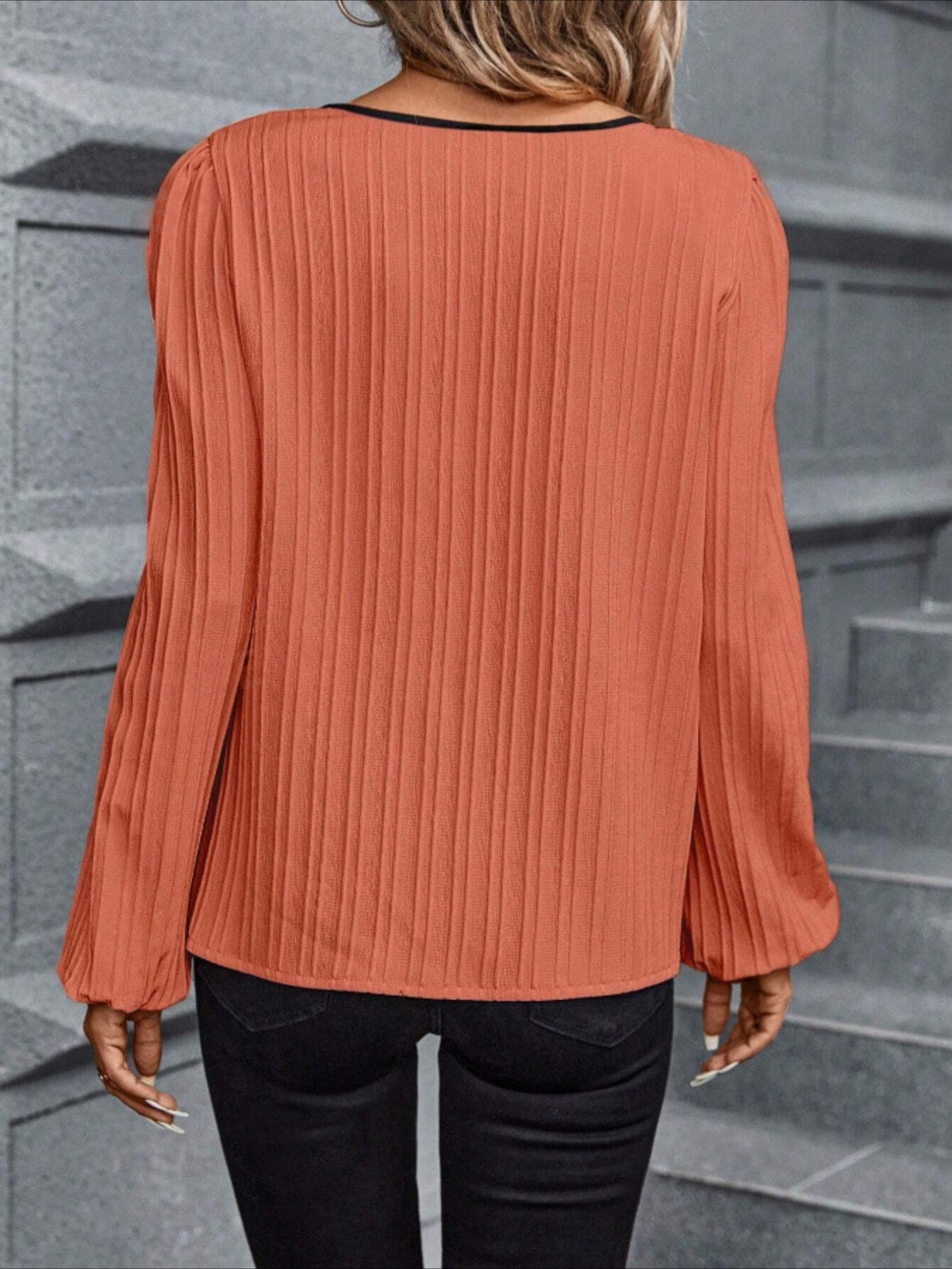 Women's Casual Spring & Fall Lantern Sleeve Blouse with Contrast Trim Notched Neck, Perfect for Everyday Wear