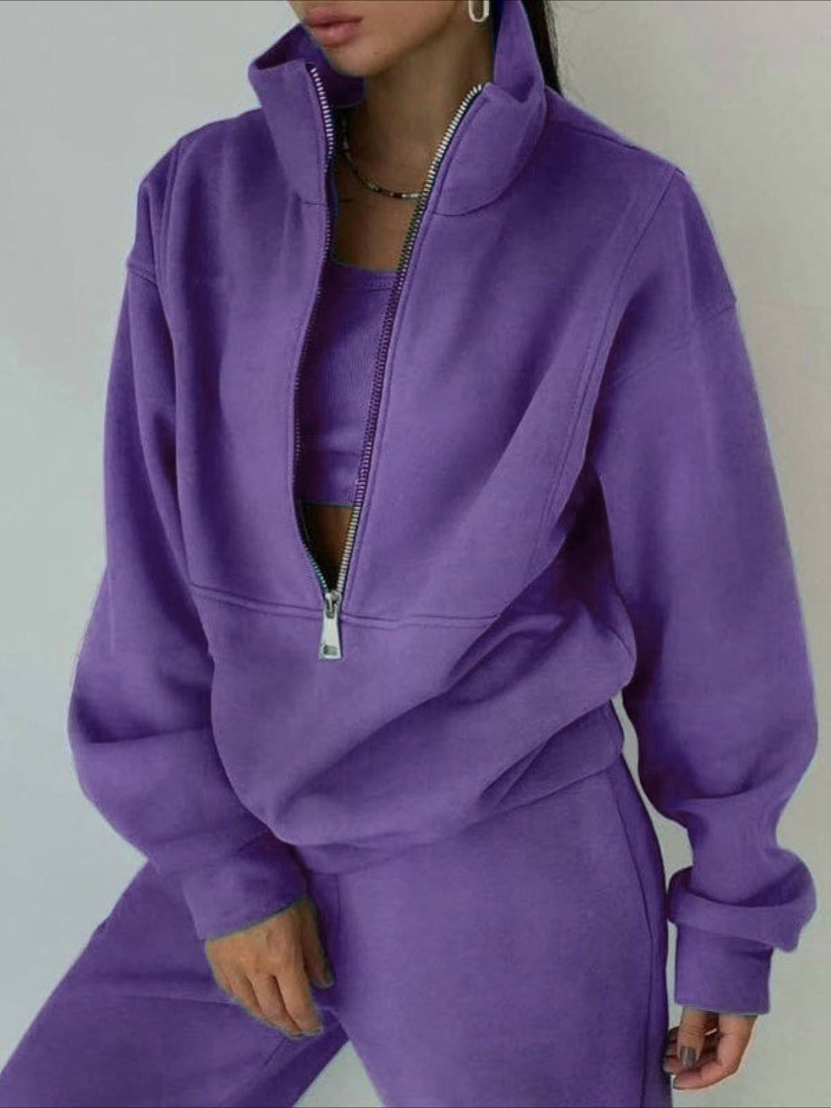 Cozy Fleece Zip-Up Top & Loose Pants Two-Piece Set
