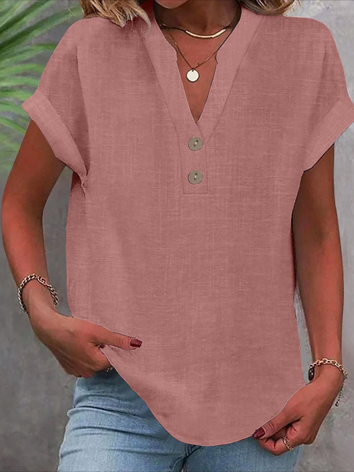 Solid Color V Neck Short Sleeve Button Down T Shirts