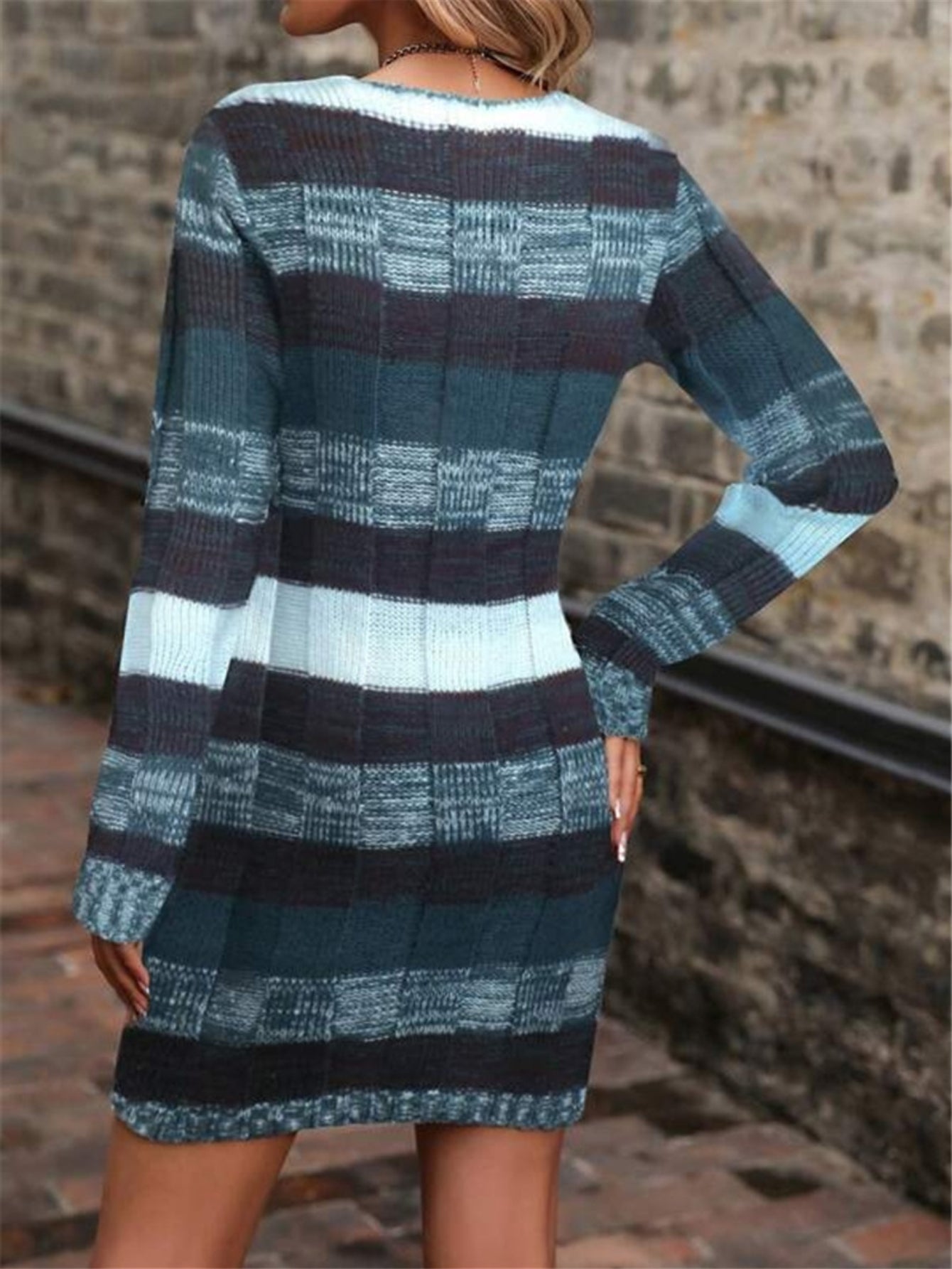 Vibrant Multicolor Striped V-Neck Long Sleeve Knitted Sweater Dress