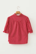 Red Stripe Ruffled Short Puff Sleeve Button Front Blouse