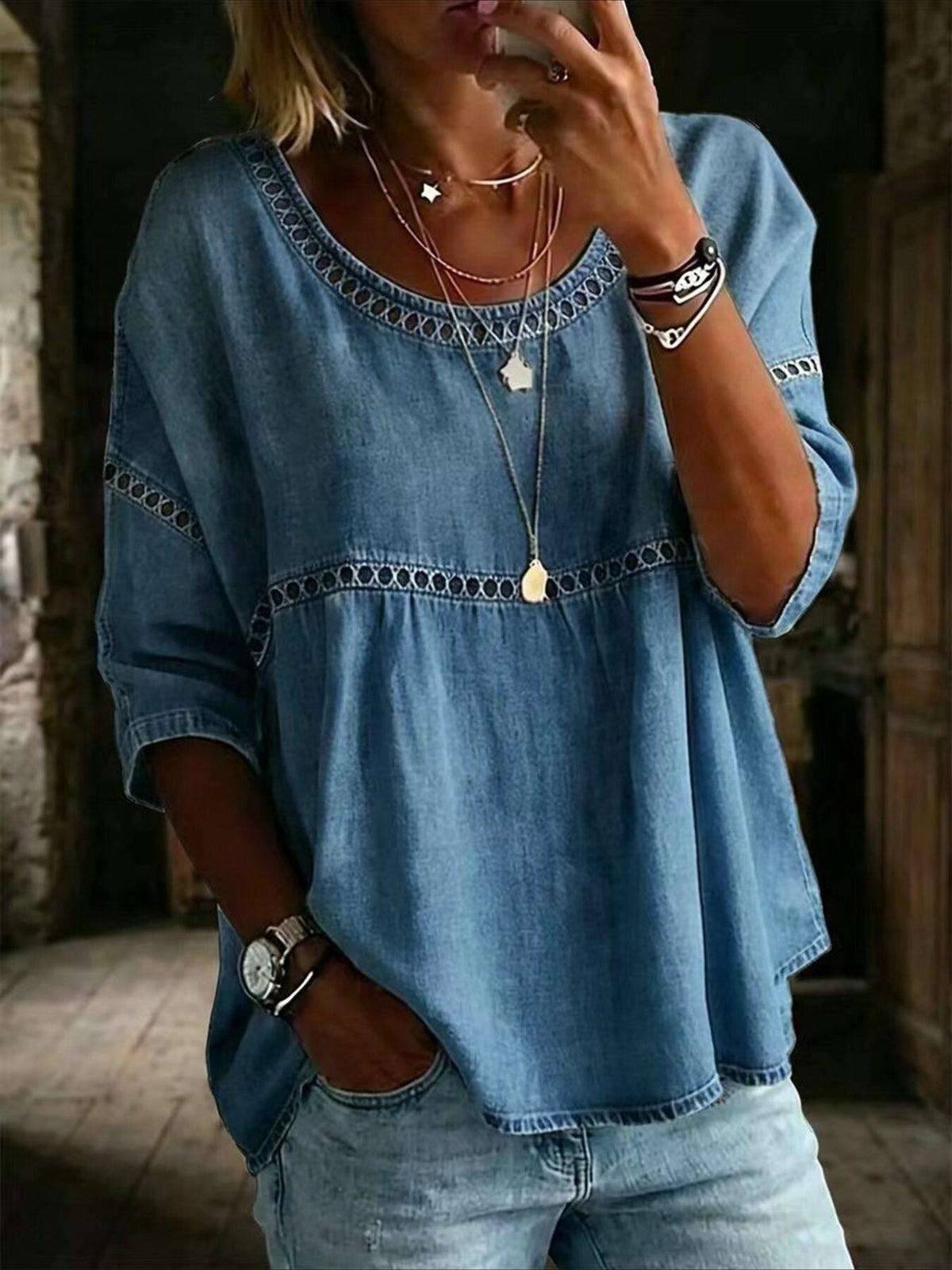 Printed Mid Sleeve Pleated Round Neck Top