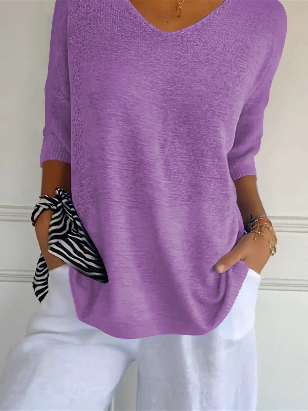 Lightweight Soft Casual 3/4 Sleeves V-Neck Sweater