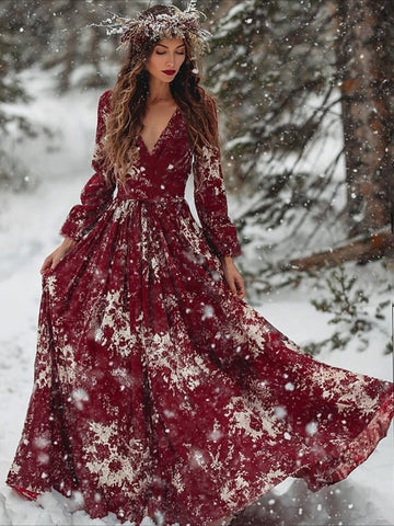 Christmas Snowflake Pleated Party Long Sleeve V Neck Maxi Dress