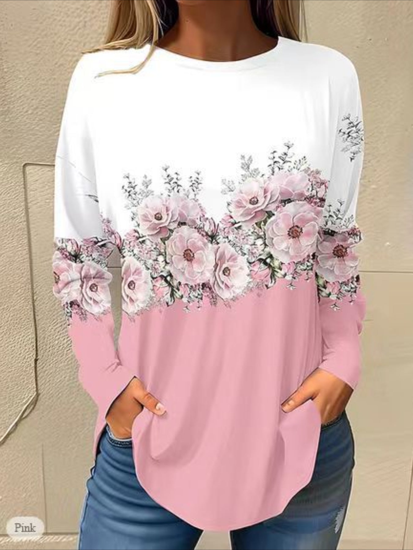 Floral Print Crew Neck T-Shirt, Casual Long Sleeve Top