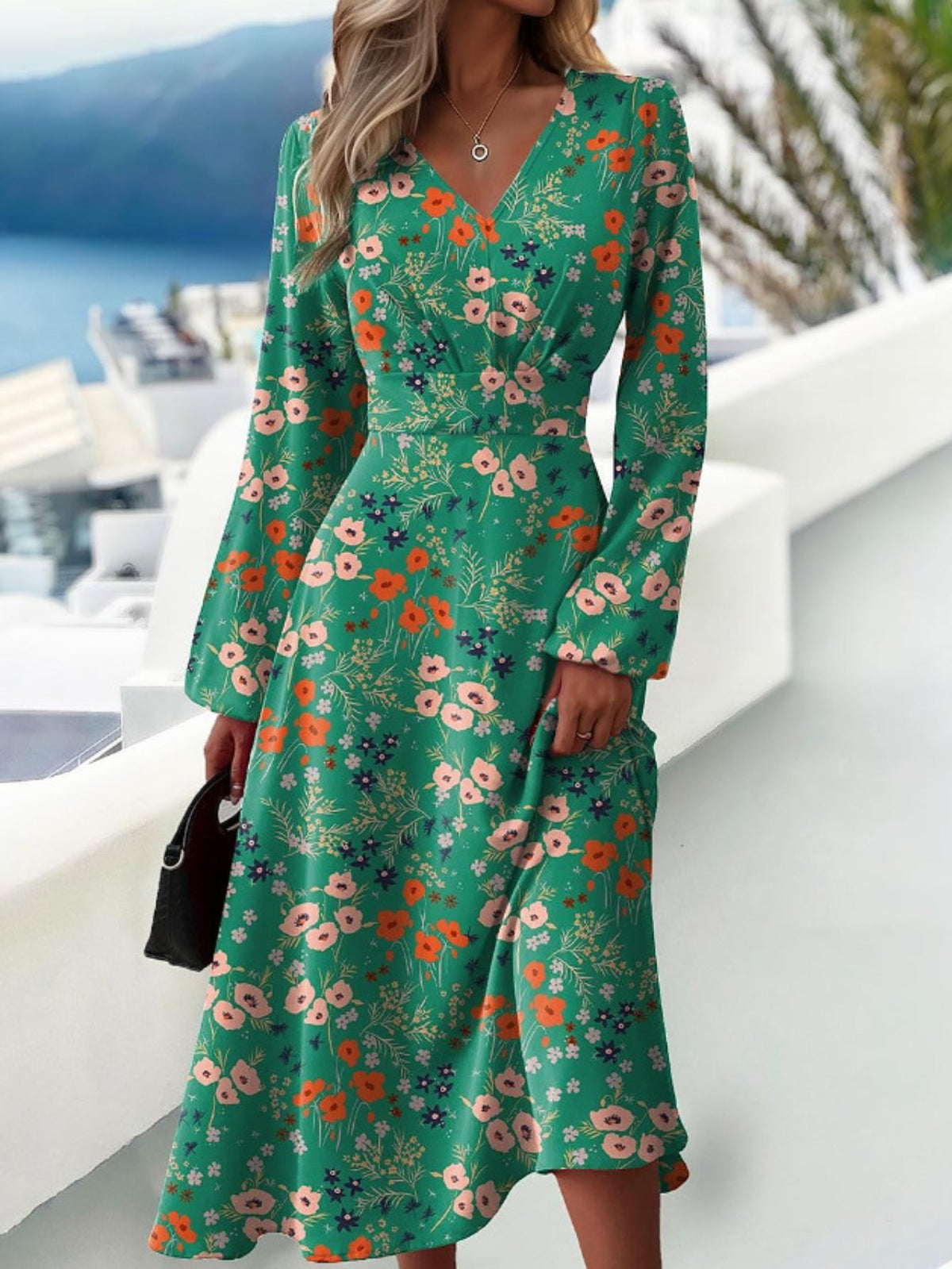 Elegant V-Neck Long Sleeve Geometric Print Knit Fabric Midi Dress
