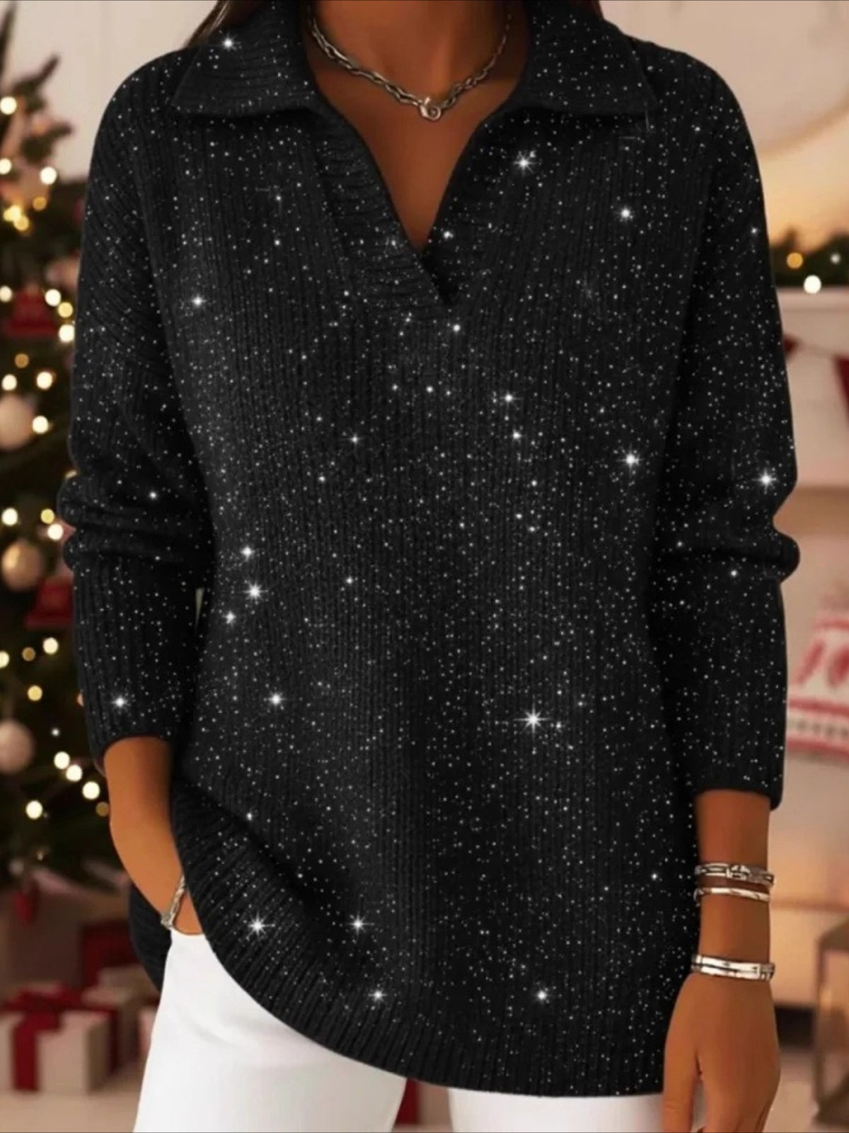 Party Polo Collar Shiny Loose Sweater Top