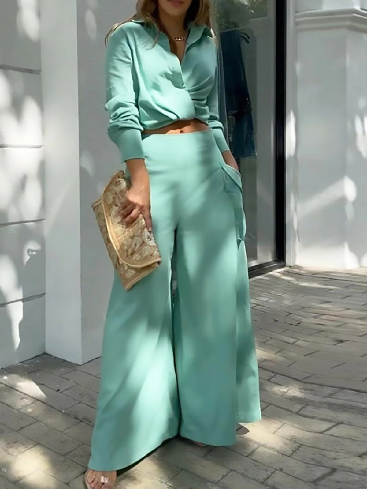 Women's Spring & Fall Loose Two-piece Set, Elegant Solid High Waist Pants And Long Sleeve Top