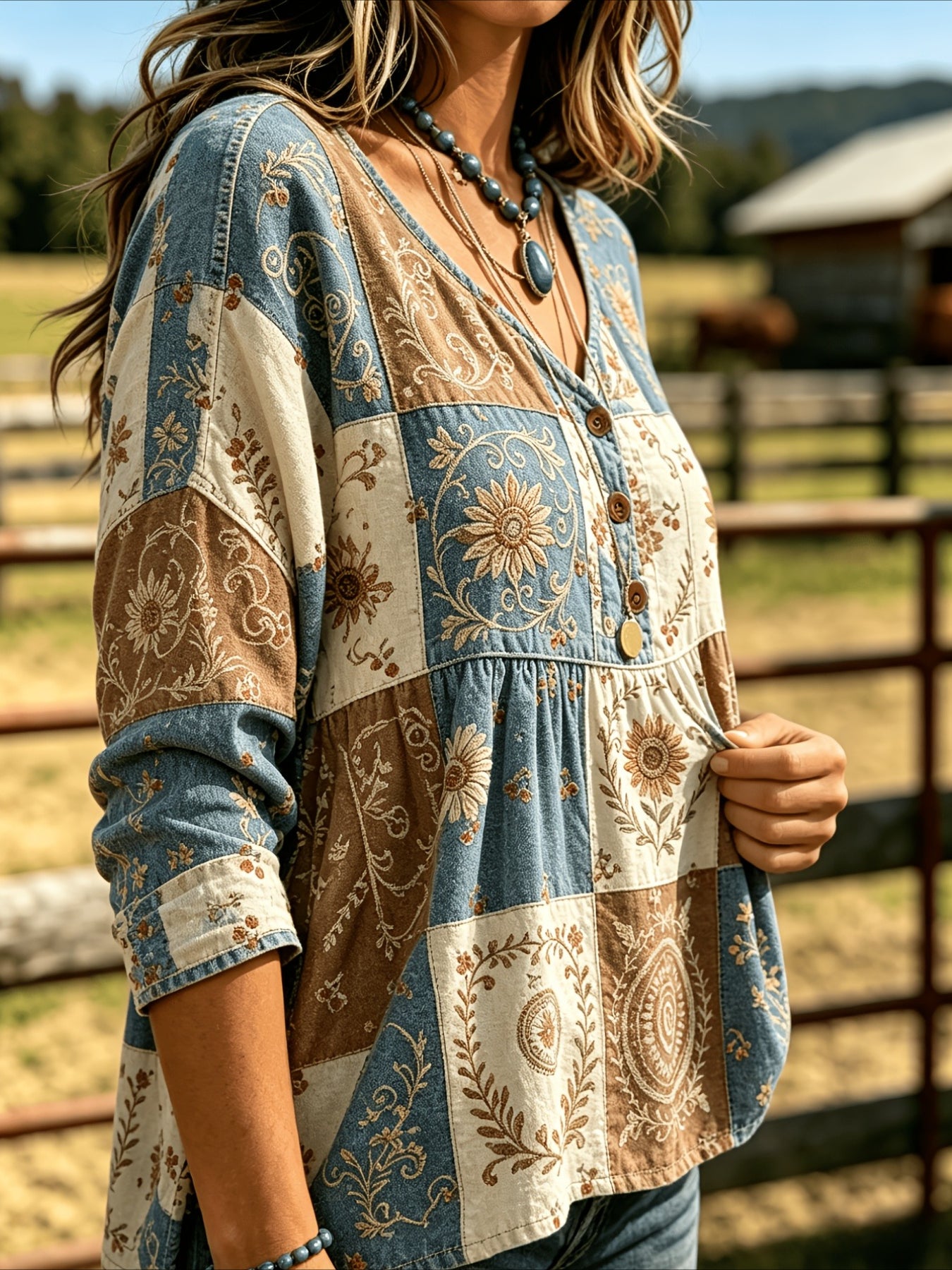 Floral Print 3/4 Sleeve V-Neck Three-Button Front Babydoll Blouse