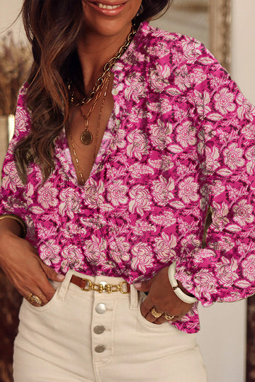 Pink Floral Print Split Neck Pleated Puff Sleeve Blouse