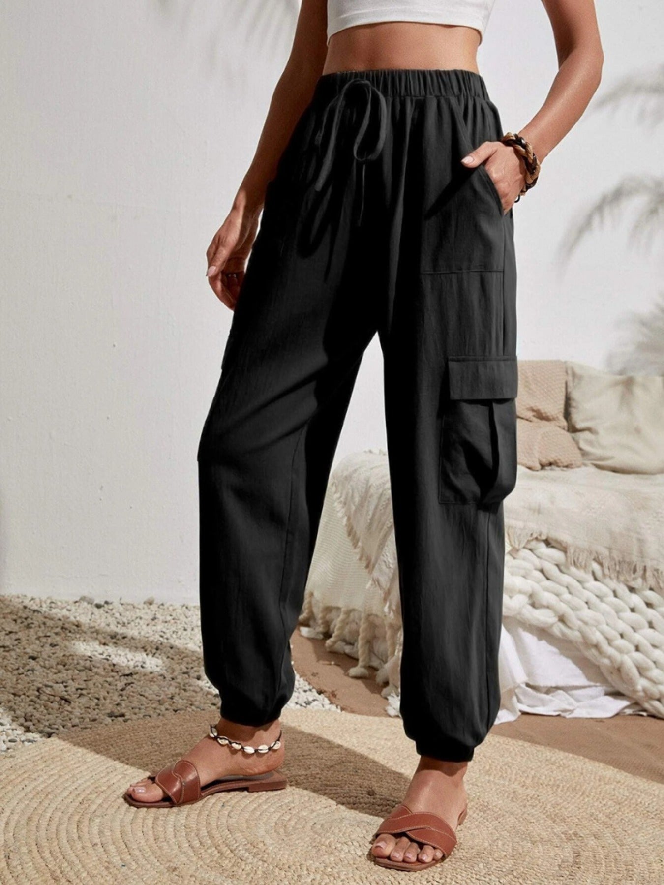 Solid Drawstring Pants, Casual Slant Pockets Cargo Pants