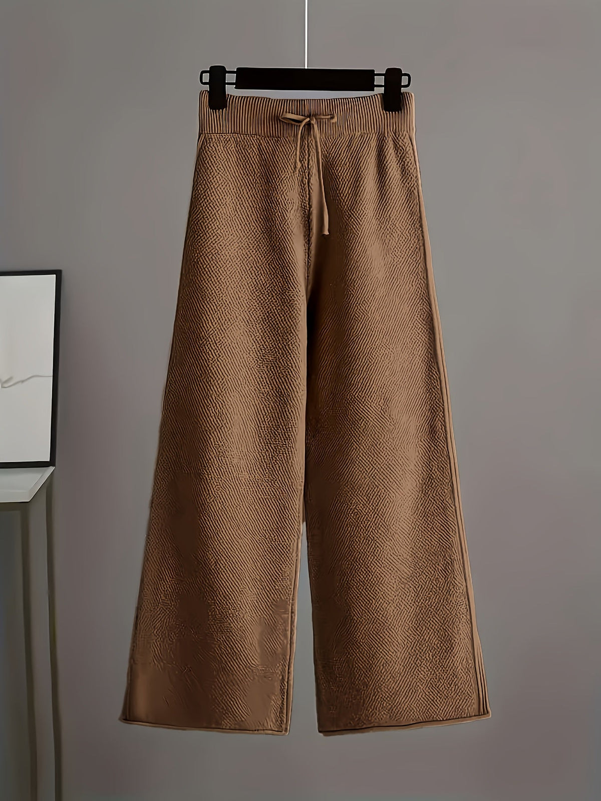 Solid Color Round Neck Sweater & Wide-Leg Pants Two-Piece Set