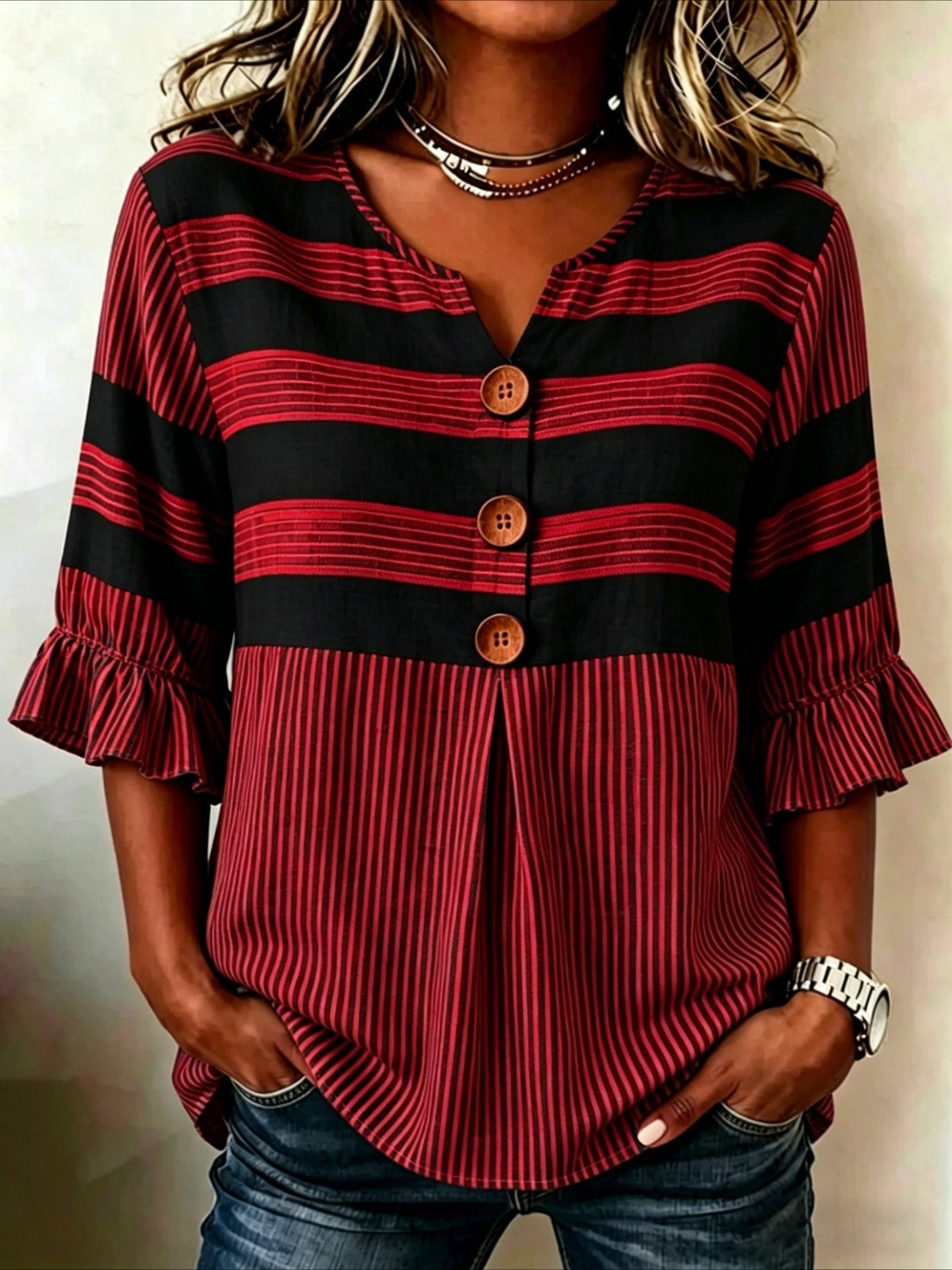 Striped Print V Neck Button Short Ruffle Sleeve Casual Top