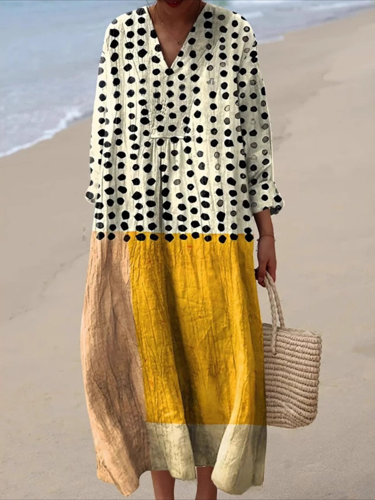 Graphic Geometric Stripe Long Sleeve V Neck Crew Neck Pullover Midi Dress