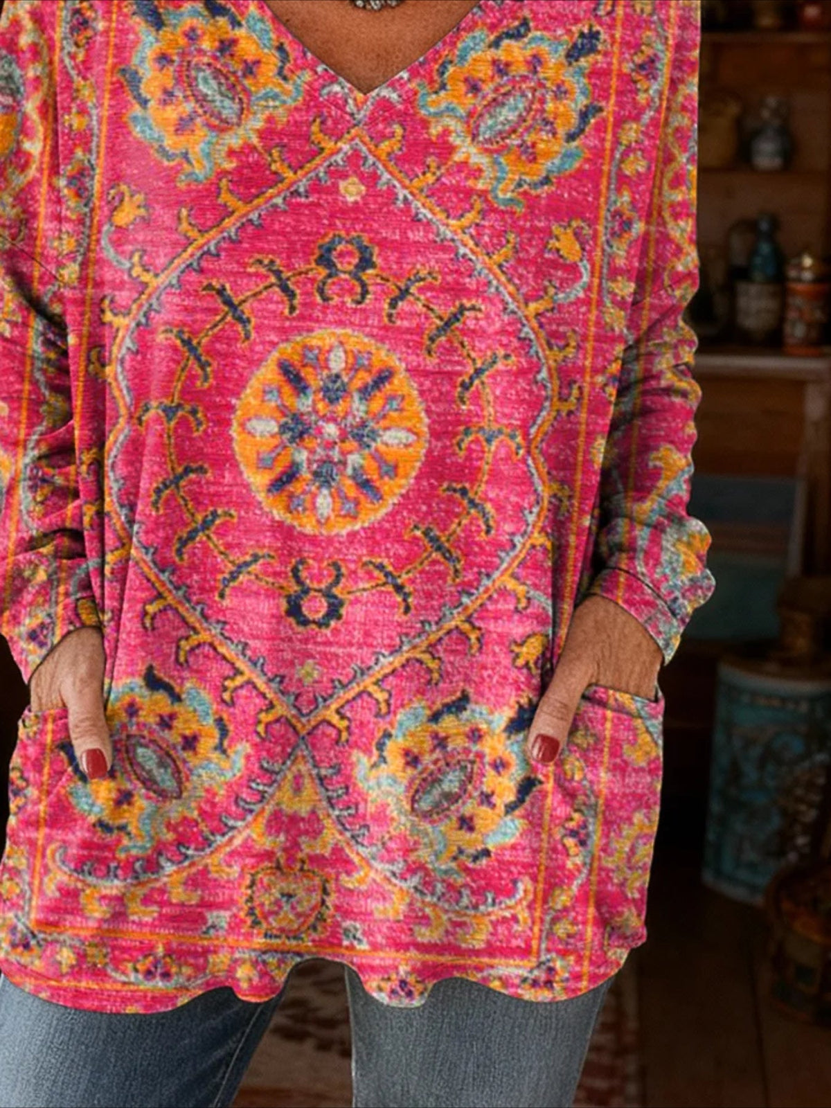 Long Sleeve Spring/Fall Floral Printing V Neck Daily Going Out Vintage Top