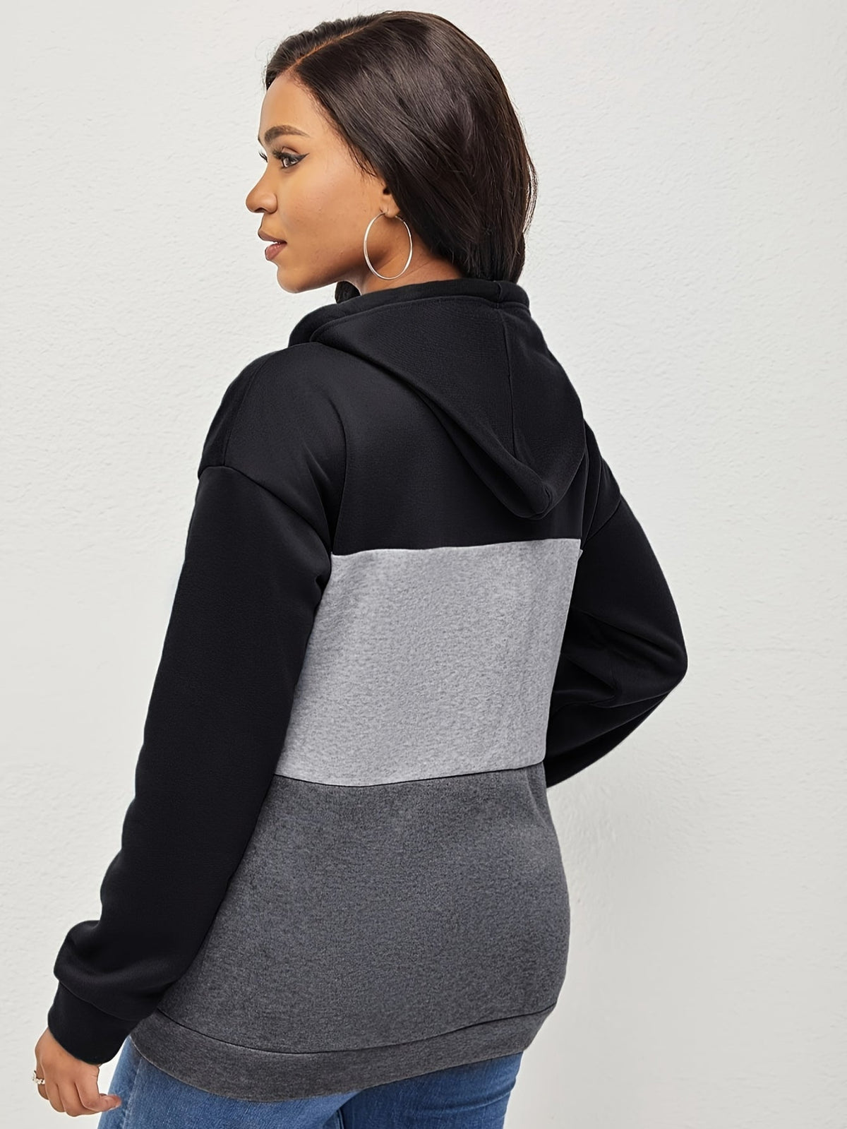 Color Block Button Drawstring Hoodie, Casual Long Sleeve Kangaroo Pocket Sweatshirt